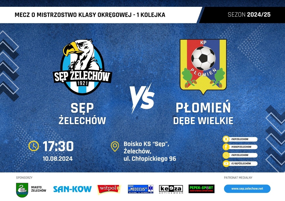 Plakat meczowy Sęp - Płomień Dębe Wielkie 2024-08-10
