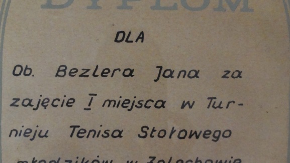 Dyplom - Bezler Jan (zwycięstwo w turnieju tenista stołowego)